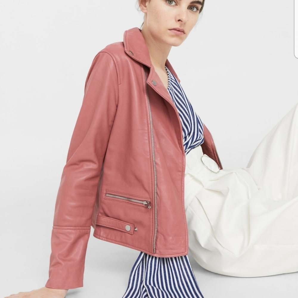 NWT Mango genuine leather biker jacket pink size S